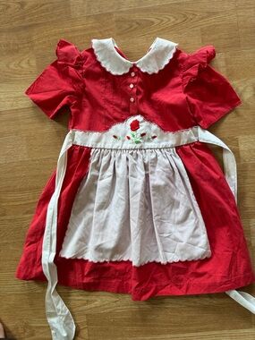Vintage Red and White Girl's Dress with Embroidered Apron